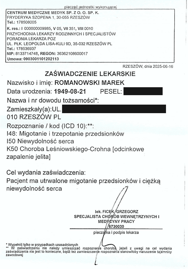 Zaświadczenie lekarskie
